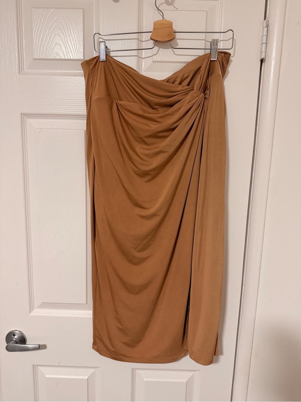 Draped Front Knot Midi Skirt in Camel